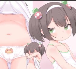 1girl animal_print artist_request bear_panties bear_print belly black_hair cameltoe clothes_lift female_focus flat_chest green_eyes hair_bobbles hair_ornament hairband lifting_own_clothes loli md5_mismatch navel nipples original out-of-frame_censoring panties print_panties shirt_lift smile solo stomach thigh_gap twintails underwear upshirt webp-to-png_conversion white_hairband white_panties