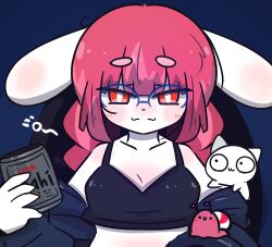 1girl animal animal_ears bare_shoulders beer_can blue-framed_eyewear blue_background blue_jacket blush braid breasts can cat closed_mouth collarbone commentary_request drink_can glasses highres holding holding_can jacket long_hair looking_at_viewer low_twintails medium_breasts multicolored_hair off_shoulder open_clothes open_jacket original pale_skin pink_hair rabbit_ears red_eyes romaji_text short_eyebrows snail solo streaked_hair thick_eyebrows twin_braids twintails uni_souchou upper_body white_cat
