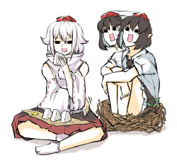 2girls animal_ears black_hair black_neckwear black_skirt collared_shirt commentary_request detached_sleeves empty_eyes food frilled_skirt frills hat high_collar highres in_nest indian_style inubashiri_momiji long_sleeves motion_lines multiple_girls nest onigiri open_mouth peroponesosu. pointy_ears pom_pom_(clothes) red_skirt ribbon-trimmed_sleeves ribbon_trim shameimaru_aya shirt short_hair short_sleeves simple_background sitting skirt socks tokin_hat touhou white_background white_hair white_legwear white_shirt wide_sleeves wing_collar wolf_ears