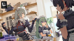 Rule 34 | 3girls, alexandrina sebastiane, apron, bangboo (zenless zone zero), belt, black belt, black dress, black hair, bow, bowl, bowtie, breasts, chocolate, commentary request, corin wickes, cupping glass, dark skin, dress, ellen joe, frilled apron, frills, green hair, grey hair, hair between eyes, highres, holding, holding whisk, index finger raised, juliet sleeves, large breasts, long hair, long sleeves, maid, maid apron, maid headdress, mole, mole under eye, multiple girls, official art, parted lips, puffy short sleeves, puffy sleeves, purple eyes, red eyes, short sleeves, smile, toaster oven, turn pale, twintails, wavy mouth, whisk, white apron, white bow, white bowtie, wrist cuffs, zenless zone zero
