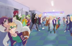 5girls 6+boys bad_id bad_pixiv_id blackmore blonde_hair bruno_bucciarati caesar_anthonio_zeppeli dio_brando double_bun ermes_costello foo_fighters_(jojo) funny_valentine green_eyes green_hair hair_bun higashikata_josuke highres hot_pants_(sbr) indoors jacket jojo_no_kimyou_na_bouken jonathan_joestar joseph_joestar joseph_joestar_(young) kakyoin_noriaki kuujou_jolyne letterman_jacket locker long_hair multicolored_hair multiple_boys multiple_girls pesci pink_hair pompadour prosciutto red_eyes risotto_nero robert_e._o._speedwagon rr13star rudolph_von_stroheim short_hair smile steel_ball_run trish_una two-tone_hair