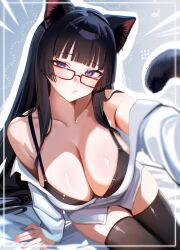 1girl absurdres animal_ear_fluff animal_ears arm_support bare_shoulders black_bra black_hair black_thighhighs blue_eyes blush bra breasts cat_ears cat_girl cat_tail cleavage closed_mouth commentary english_commentary gomi_(gomiwaan) highres large_breasts long_hair long_sleeves looking_at_viewer off_shoulder original outstretched_arm rectangular_eyewear red-framed_eyewear sitting solo tail thighhighs thighs underwear