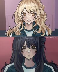 1girl before_and_after black_hair blonde_hair class_of_09 green_track_suit grin hair_bun highres jacket jecka_(class_of_09) krissywaffles long_hair looking_at_viewer meme open_clothes open_jacket parted_lips shirt single_hair_bun smile squid_game teeth track_suit watermark white_shirt year_1_&amp;_year_2_(squid_game)_(meme) yellow_eyes