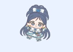Rule 34 | 1girl, absurdly long hair, bag bow, black jacket, blue background, blue bag, blue bow, blue brooch, blue eyes, bow, bowtie, brooch, chibi, closed mouth, commentary, cure white, dot nose, dress, earrings, eyelashes, footwear bow, frilled arm warmers, frilled dress, frilled sleeves, frills, futari wa precure, futari wa precure max heart, gold earrings, hair bow, hair ornament, happy, heart, heart brooch, heart earrings, heart hair ornament, heart print, high ponytail, ichigo usuhana, jacket, jewelry, leg warmers, light blush, long hair, looking at viewer, magical girl, medium dress, outstretched arms, pink bow, ponytail, precure, shoes, short ponytail, short sleeves, simple background, smile, solo, split ponytail, tareme, two-tone bag, very long hair, waist bag, white arm warmers, white bag, white bow, white bowtie, white dress, white leg warmers, white shoes, yukishiro honoka