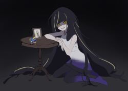 1girl bare_arms beast_ball black_hair commentary_request dress highres jewelry korean_commentary long_hair looking_down lusamine_(pokemon) lusamine_fused_(pokemon) multicolored_hair neck_ring nintendo pantyhose parted_lips photo_(object) poke_ball pokemon pokemon_sm seonghak80 shaded_face sleeveless sleeveless_dress smile solo streaked_hair table very_long_hair white_dress yellow_eyes