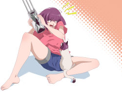 Rule 34 | 1girl, barefoot, blush, breasts, cat, highres, komochizuki, large breasts, oboro (taimanin asagi), open mouth, pink shirt, purple hair, red eyes, shirt, short hair, shorts, simple background, sitting, taimanin (series), weapon, white background