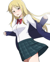 10s 1girl arms_behind_back blazer blonde_hair blush bow brown_eyes collared_shirt dress_shirt dutch_angle hair_ornament hairclip half-closed_eyes hidaka_koharu high_score_girl honda_naoki jacket long_hair long_sleeves looking_at_viewer miniskirt nose_blush open_mouth pleated_skirt red_bow school_uniform shirt simple_background skirt smile undressing white_background white_shirt wind