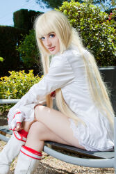 Rule 34 | 1girl, blonde hair, blue eyes, blue sky, boots, cosplay, emilie de rochefort, emilie de rochefort (cosplay), fingerless gloves, from side, gloves, ivychann, long sleeves, photo (medium), real life, sitting, skirt, sky, spanish (nationality), tekken, thighs, tree
