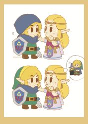 1boy 1girl :o belt black_belt blonde_hair blue_cloak boots border bracelet brown_footwear chibi chibi_only chinese_commentary cloak closed_mouth commentary_request dress earrings green_hat green_tunic hand_on_another&#039;s_cheek hand_on_another&#039;s_face hat highres holding holding_shield holding_sword holding_weapon hood hood_down hood_up hylian_shield jewelry link long_hair looking_at_another multiple_views nintendo pink_dress pointy_ears princess princess_zelda shield short_sleeves shuo_yue sidelocks simple_background smile solid_oval_eyes speech_bubble sword the_legend_of_zelda the_legend_of_zelda:_echoes_of_wisdom thought_bubble tiara triforce tunic twitter_username two-tone_dress weapon white_background white_dress yellow_border