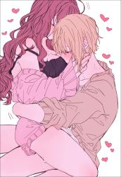 2girls amane_(7783) black_camisole blonde_hair blush brown_cardigan camisole cardigan closed_eyes hand_on_another&#039;s_neck heart highres ichinose_shiki idolmaster idolmaster_cinderella_girls long_hair miyamoto_frederica multiple_girls pink_cardigan red_hair short_hair simple_background sitting sitting_on_lap sitting_on_person strap_slip sweat white_background yuri