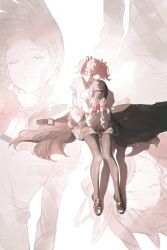 2girls akemi_homura back black_hair black_pantyhose black_skirt closed_eyes closed_mouth covered_eyes highres kaname_madoka long_hair mahou_shoujo_madoka_magica multiple_girls pantyhose pink_hair shirt sijimao sitting skirt twintails very_long_hair