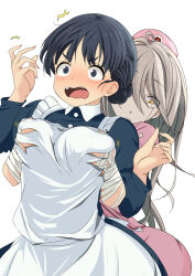 2girls ^^^ absurdres apron bandaged_arm bandages basori_tiara black_dress blonde_hair blush breasts commentary dress frilled_apron frills grabbing_another&#039;s_breast grabbing_from_behind groping hair_between_eyes hands_up hat highres large_breasts long_hair_between_eyes maid maid_apron make_heroine_ga_oo_sugiru! multiple_girls nanja_najav nurse nurse_cap open_mouth pink_dress pink_hat sanpaku shikiya_yumeko simple_background white_apron white_background yellow_eyes yuri