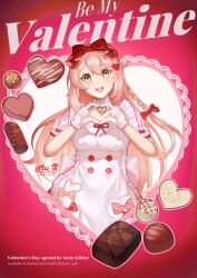 Rule 34 | 1girl, :d, absurdres, arknights, bow, candy, chocolate, chocolate heart, dress, food, gloves, goldenglow (arknights), goldenglow (party in the garden) (arknights), hair bow, hair ornament, heart, heart-shaped food, heart frame, heart hair ornament, heart hands, highres, lolita fashion, long hair, looking at viewer, official alternate costume, open mouth, pink hair, plaid bow, puffy short sleeves, puffy sleeves, red background, red bow, rimii yuki, short sleeves, smile, solo, sweet lolita, teeth, upper body, upper teeth only, valentine, white dress, white gloves, yellow eyes
