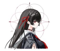 1girl arm_cutout black_choker black_hair breasts bright_pupils chisa_(wuthering_waves) choker closed_mouth commentary dandandanholo english_commentary from_side hair_ribbon highres large_breasts long_hair looking_afar looking_ahead mole mole_under_eye neckerchief red_eyes red_neckerchief red_ribbon ribbon sailor_collar solo tacet_mark_(wuthering_waves) white_background white_pupils white_sailor_collar wuthering_waves