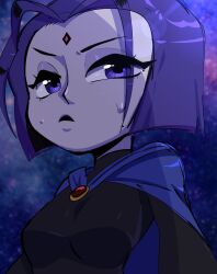 1girl blue_background blue_cape blue_eyes breasts cape commentary english_commentary facial_mark forehead_mark frown highres indiana_souf medium_breasts purple_hair raven_(dc) short_hair solo sweat teen_titans_(tv_series) turtleneck upper_body