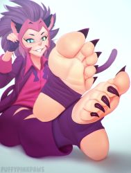 cat_girl catra claws feet female_focus fingerless_gloves foot_focus gloves headgear heterochromia long_toenails nail_polish puffypinkpaws purple_hair sharp_toenails she-ra_and_the_princesses_of_power sitting smile soles stirrup_legwear tail toeless_legwear toenail_polish toenails toes bad_tag