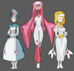 3girls azelf bell-bottoms blonde_hair blue_gloves blue_hair blue_hat bodysuit boots breasts chest_jewel closed_eyes curvy dancho_no_mori dress forehead_jewel full_body gem gen_4_pokemon gloves half-closed_eyes hat highres humanization juliet_sleeves jumpsuit legendary_pokemon long_dress long_sleeves mask mesprit mitre mouth_mask multiple_girls ninja_mask nintendo nun own_hands_together pants pink_gloves pink_hair pink_mask pink_sleeves pink_veil pokemon praying priestess puffy_sleeves red_gemstone sentaronao short_hair standing uxie veil white_boots white_dress white_gloves wide_sleeves yellow_eyes yellow_veil