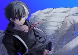 1boy angel_wings backpack bag black_hair blue_background blue_eyes highres licht_jekylland_todoroki male_focus multicolored_hair pants servamp short_hair two-tone_hair white_hair white_pants wings zarame3rui4