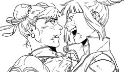 2girls archived_source artist_name battle_damage biker_clothes blunt_bangs bodysuit bruise bruise_on_face bun_cover capcom china_dress chinese_clothes chun-li clenched_teeth clothes_pull collar_tug copyright_request double_bun dress drill_hair earrings efd fighting furrowed_brow hair_bun hair_ornament han_juri injury jewelry looking_at_another messy_hair multiple_girls popped_collar puffy_sleeves shouting signature smile street_fighter teeth white_background