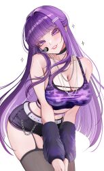 1girl absurdres alternate_costume arched_bangs bare_shoulders black_shorts black_thighhighs blush breasts chaisia_art cleavage collarbone commentary crop_top english_commentary fern_(sousou_no_frieren) highres large_breasts leaning_forward long_hair looking_at_viewer navel parted_lips purple_eyes purple_hair short_shorts shorts simple_background solo sousou_no_frieren stomach thighhighs twitter_username very_long_hair white_background