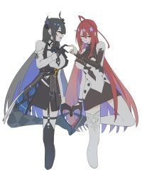 2girls absurdres adapted_costume ahoge asymmetrical_horns bare_shoulders black_hair blue_fire blue_hair breasts colored_inner_hair cropped_legs demon_horns elizabeth_rose_bloodflame elizabeth_rose_bloodflame_(1st_costume) embarrassed fire hair_ornament heart heart_hands heart_hands_duo highres hololive hololive_english horns huge_ahoge long_hair mole mole_under_eye multicolored_hair multiple_girls nerissa_ravencroft nerissa_ravencroft_(1st_costume) red_eyes red_hair simple_background smile standing standing_on_one_leg symmetrical_hand_pose two-tone_hair uneven_horns very_long_hair virtual_youtuber white_background yuutomeh
