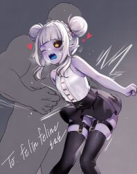 1boy 1girl 2025 absurdres arthropod_girl artist_name black_socks blue_tongue blush colored_skin colored_tongue commissioner_name eckert&amp;eich felinefelin heart highres indie_virtual_youtuber insect_girl kumogorogoro loli motion_lines odango_hair open_mouth panties pointy_ears punch purple_skin socks spider_girl underwear virtual_youtuber white_hair white_panties