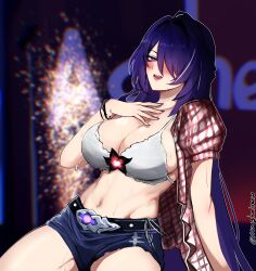 Rule 34 | 1girl, absurdres, acheron (honkai: star rail), alternate costume, belt, black belt, blush, bracelet, breasts, cleavage, commentary, cosplay, denim, denim shorts, fingernails, hand on own chest, highres, honkai: star rail, honkai (series), jewelry, kwon eun-bi, kwon eun-bi (cosplay), large breasts, long hair, looking at viewer, multicolored hair, nail polish, navel, naykainaw, open clothes, open mouth, open shirt, purple eyes, purple hair, purple nails, shorts, smile, solo, stomach, streaked hair, sweat, very long hair