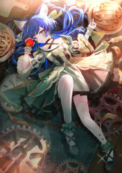 1girl animal_ears apple black_choker blue_eyes blue_hair cat_ears choker commentary_request dress food fruit gears green_dress highres holding holding_food holding_fruit komorihikki long_hair looking_at_viewer lying official_art on_back sensitive solo thighhighs valis_(sinsekai) white_thighhighs