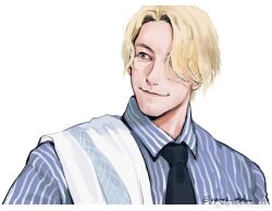 1boy black_necktie blonde_hair blue_shirt border closed_mouth collared_shirt commentary_request grey_eyes hair_over_one_eye highres male_focus necktie one_eye_covered one_piece one_piece_(live_action) parted_bangs realistic sanji_(one_piece) shirt simple_background smile solo striped_clothes striped_shirt towel towel_on_one_shoulder twitter_username upper_body vamos_mk vertical-striped_clothes vertical-striped_shirt white_background white_border wing_collar