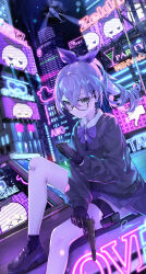 1girl absurdres aircraft alternate_costume bandaid bandaid_on_knee bandaid_on_leg bespectacled billboard black_gloves black_shoes black_socks black_sweater bow bowtie building cellphone city city_lights closed_mouth collared_shirt commentary_request crossed_bangs drill_hair drill_ponytail earpiece foot_out_of_frame geez glasses gloves grey_eyes grey_hair gun hair_between_eyes hair_intakes hair_ribbon handgun helicopter highres holding holding_gun holding_phone holding_weapon holster honkai:_star_rail honkai_(series) loafers long_sleeves looking_at_viewer miniskirt night outdoors phone ponytail purple_bow purple_bowtie purple_ribbon purple_skirt ribbon shirt shoes signature silver_wolf_(honkai:_star_rail) sitting skirt smartphone socks solo suppressor sweater thigh_holster weapon white_shirt