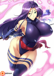 Rule 34 | 1girl, ass, bouncing breasts, breasts, cameltoe, curvy, elbow gloves, fingerless gloves, gloves, glowing, glowing hand, green eyes, haganef, halter leotard, halterneck, hand on ass, highleg, highleg leotard, holding, holding sword, holding weapon, huge ass, impossible clothes, impossible leotard, jumping, katana, large breasts, leotard, long hair, looking at viewer, marvel, psychic, psylocke, purple hair, purple leotard, red sash, revealing clothes, sash, shiny clothes, shiny skin, solo, superhero costume, sword, thong leotard, torn clothes, very long hair, weapon, white background, wide hips, x-men