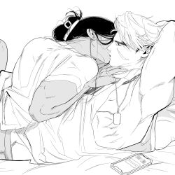 Rule 34 | 2boys, alsonotdon, arms up, bare shoulders, cellphone, chest tattoo, dog tags, earrings, facial scar, forked eyebrows, greyscale, hair ornament, hair up, hairclip, hand on another&#039;s chest, highres, jamie siu, jewelry, kiss, luke sullivan, lying, lying on person, male focus, midriff peek, monochrome, multicolored hair, multiple boys, muscular, muscular male, phone, piercing, scar, scar on cheek, scar on face, shirt, short sideburns, short sleeves, simple background, sketch, street fighter, street fighter 6, stud earrings, tank top, tattoo, two-tone hair, upper body, white background, yaoi