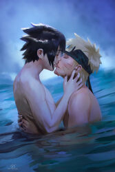 2boys absurdres black_hair black_nails blonde_hair blood blood_on_face bloody_tears closed_eyes earrings facial_mark forehead_protector hand_on_another&#039;s_back highres jewelry male_focus multiple_boys nail_polish naruto_(classic) naruto_(series) partially_submerged short_hair signature tamelee toned toned_male uchiha_sasuke uzumaki_naruto water whisker_markings yaoi