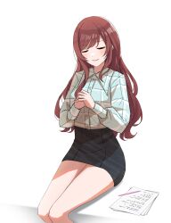Rule 34 | 1girl, absurdres, closed eyes, collared shirt, highres, idolmaster, idolmaster shiny colors, jtangc, lips, long hair, long sleeves, miniskirt, osaki amana, own hands clasped, own hands together, papers, pencil, pencil skirt, red hair, shirt, sitting, skirt, smile, solo, thighs, white background