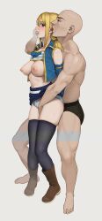 1boy 1girl bald bare_shoulders barefoot behind_another black_male_underwear black_thighhighs blonde_hair blue_skirt blue_sleeves blue_vest blush boots breasts brown_boots brown_eyes carlo_montie clothes_lift commentary commission covering_another&#039;s_mouth cropped_vest detached_sleeves ear_licking english_commentary fairy_tail full_body gag gagged grey_panties hair_tie hand_gagged hand_over_another&#039;s_mouth hetero highres large_breasts licking low_twintails lucy_heartfilia male_underwear medium_hair mixed-language_commentary navel nipples panties rape sidelocks sideways_glance skirt skirt_lift strapless sweat thighhighs tongue tongue_out topless_male tube_top tube_top_lift twintails underwear underwear_only vest