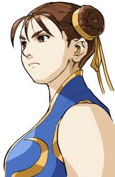 1girl bengus breasts brown_eyes brown_hair bun_cover capcom chinese_clothes chun-li double_bun dress from_side frown game_cg hair_bun highres non-web_source official_art portrait simple_background sleeveless solo street_fighter street_fighter_zero_(series) unitard upper_body white_background