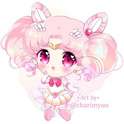 Rule 34 | 1girl, artist name, back bow, bad id, bad twitter id, bishoujo senshi sailor moon, boots, bow, bowtie, chest jewel, chibi, chibi usa, circlet, commentary, cone hair bun, crescent, crescent earrings, dot nose, double bun, drill hair, earrings, elbow gloves, english commentary, eyelashes, gem, gloves, gradient skin, hair bun, hair ornament, happy, heart, heart-shaped gem, heart in eye, honeymoonpetal, jewelry, large bow, leotard, light blush, looking at viewer, magical girl, miniskirt, open mouth, parted bangs, pink boots, pink bow, pink eyes, pink gemstone, pink hair, pink skirt, pleated skirt, red bow, red bowtie, sailor chibi moon, sailor senshi uniform, see-through clothes, see-through sleeves, short hair, short sleeves, short twintails, skirt, sleeved leotard, smile, solo, standing, super sailor chibi moon, symbol in eye, tareme, thigh boots, twin drills, twintails, v, watermark, white background, white gloves, white leotard, white skirt