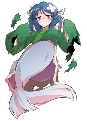 1girl alphes_(style) blue_hair blush breasts closed_mouth commentary_request crying crying_with_eyes_open dairi defeat drill_hair fins frilled_kimono frills full_body green_kimono half-closed_eyes hands_up head_fins japanese_clothes kimono large_breasts large_variant_set mermaid monster_girl parody purple_eyes solo style_parody tears torn_clothes touhou transparent_background variant_set wakasagihime wide_sleeves