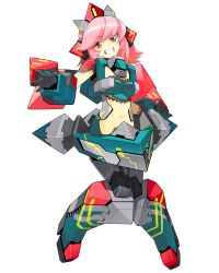 1girl armor cosmic_break female_focus full_body grin highres knees_together_feet_apart lace mecha_musume navel official_art pink_eyes pink_hair short_hair smile solo transparent_background wakaba_sprout winberrl