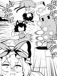 2girls animal_ear_fluff animal_ears artist_name bow bowtie cat_ears cat_tail chen closed_mouth commentary_request earrings futa_(nabezoko) greyscale hat hat_ribbon highres jewelry juliet_sleeves long_hair long_sleeves medium_hair mob_cap monochrome multiple_girls multiple_tails nekomata no_eyes open_mouth puffy_sleeves punching ribbon shirt shoes single_earring skirt socks sweat tail touhou translation_request two_tails very_long_hair vest watermark yakumo_yukari