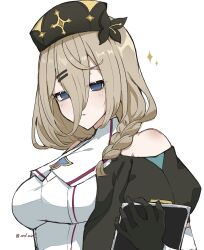 1girl absurdres aponia_(honkai_impact) black_gloves black_jacket blonde_hair blue_eyes breasts commentary dress gloves hair_between_eyes hat highres holding holding_notepad honkai_(series) honkai_impact_3rd jacket large_breasts medium_hair notepad nurse nurse_cap official_alternate_costume simple_background solo torein_(and_rain3) twintails upper_body white_background white_dress