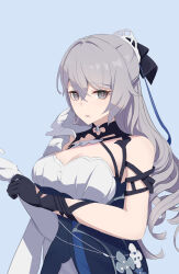 absurdres asymmetrical_gloves bare_shoulders black_bow black_gloves blue_dress bow breasts bronya_zaychik bronya_zaychik_(silverwing:_n-ex) commentary_request dress gloves grey_eyes grey_hair hair_between_eyes hair_bow highres honkai_(series) honkai_impact_3rd hui_yu_yu_yu_ye large_breasts long_hair official_alternate_costume parted_lips ponytail red_pupils upper_body white_gloves