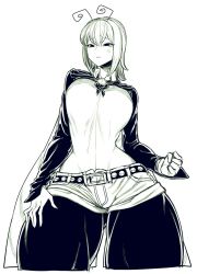 Rule 34 | 1girl, anger vein, angry, antennae, belt, breasts, cape, clenched hand, collar, commentary request, cowboy shot, cropped legs, curvy, eyebrows, female focus, gluteal fold, hair between eyes, hand on own thigh, hand on thigh, highres, large breasts, long sleeves, looking down, monochrome, pantyhose, short shorts, shorts, simple background, solo, spacezin, thick thighs, thighs, touhou, white background, wide hips, wriggle nightbug