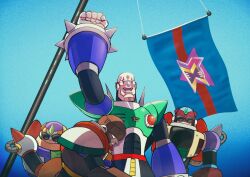 Rule 34 | 2024 attempted assassination of donald trump, 4boys, android, arm up, armor, blue background, character request, cowboy shot, deko (ldekol), flag, forehead jewel, green armor, male focus, mega man (series), mega man x (series), multiple boys, sigma (mega man), sunglasses