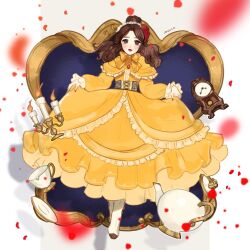 1girl animification beauty_and_the_beast_(disney) belle_(disney) brown_eyes brown_hair clock dress full_body gloves jewelry long_hair looking_at_viewer meecosme ponytail princess solo teapot yellow_dress yellow_gloves