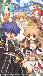 2boys 3girls angel belt black_coat black_gloves black_jacket black_pants black_shirt blonde_hair blue_eyes bow breasts brown_coat brown_shorts cat_boy clipboard coat coat_on_shoulders collar copyright_notice cowboy_shot crop_top detached_collar dress elemental_master_(ragnarok_online) fur-trimmed_dress fur_coat fur_collar fur_trim gem gloves green_hair hetero highres holding holding_clipboard holding_hands holding_pen inquisitor_(ragnarok_online) jacket kafra_uniform logo long_hair maid maid_headdress medium_breasts multiple_boys multiple_girls official_art official_wallpaper open_mouth orange_eyes orange_hair orange_shirt pants pelvic_curtain pen pointy_ears purple_belt purple_hair ragnarok_online red_bow red_eyes red_gemstone sampaguita_(ragnarok_online) shirt short_hair shorts shorts_under_dress sleeveless sleeveless_shirt smile spirit_handler_(ragnarok_online) tail tail_bow tail_ornament tassel white_collar yuichirou