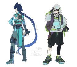 1boy 1girl absurdly_long_hair adjusting_hood alternate_costume arm_up artist_name asymmetrical_clothes asymmetrical_hair bandaid bandaid_on_face black-framed_eyewear black_eyes black_hair black_pants black_shorts blue_hair blue_sleeves boots braid braided_ponytail breasts chain closed_mouth clothes_writing cyberpunk dagger dated detached_sleeves drawstring dress elbow_gloves english_text eyewear_around_neck from_behind full_body gloves godzillapigeon1 goggles green-tinted_eyewear green_dress grey_legwear grey_sweater hair_between_eyes hand_in_pocket hand_on_own_hip harness highres holding holding_dagger holding_knife holding_weapon hood hood_up hoodie knee_pads knife leg_hair long_hair long_sleeves looking_at_viewer monochrome multicolored_footwear open_clothes open_vest pants pants_under_shorts pelvic_curtain pocket purple_vest scissor_seven seven_(scissor_seven) sheath sheathed shoes short_hair short_sleeves shorts side_ponytail signature simple_background single_braid single_pantsleg small_breasts sneakers socks standing sweater thigh_strap thirteen_(scissor_seven) tinted_eyewear very_long_hair vest weapon white_background zipper