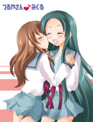 Rule 34 | 00s, asahina mikuru, blush, brown hair, closed eyes, fang, green hair, holding hands, kiss, kissing cheek, long hair, non-web source, school uniform, serafuku, suzumiya haruhi no yuuutsu, tsuruya, very long hair, yuri