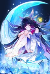 Rule 34 | 1girl, bare shoulders, black hair, blue flower, bow, closed eyes, columbina (genshin impact), dress, eye mask, feathered wings, flower, genshin impact, hair spread out, head wings, highres, long hair, multicolored hair, off-shoulder dress, off shoulder, purple hair, sitting, solo, two-tone hair, very long hair, viviwi, white bow, white dress, white wings, wings