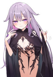 1girl absurdres alternate_costume aotake_iro black_cloak blurry blush breasts chronopattern_dress cleavage cloak closed_mouth clothes_pull colored_inner_hair come_hither commentary cowboy_shot depth_of_field english_commentary fingernails gem hair_flaps hands_up highres hololive hololive_english koseki_bijou leaning_forward light_smile long_hair looking_at_viewer material_growth meme_attire motion_lines multicolored_hair nail_polish naked_cloak pink_hair purple_eyes purple_gemstone purple_hair purple_nails seductive_smile sidelocks simple_background small_breasts smile solo thigh_gap two-tone_hair very_long_hair virtual_youtuber white_background